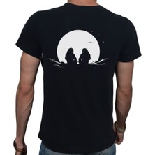 Beyaz Penguen Man On The Moon T-Shirt Pamuklu Siyah Penye Basic Erkek Tişört