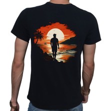 Beyaz Penguen Man On Island T-Shirt %100 Pamuklu Siyah Penye Basic Erkek Tişört