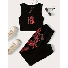 Kıds Face Özel Tasarım Kırmızı Ejderha Baskılı Yazlık Japon Stil Kız Çocuk Crop Eşofman Takımı