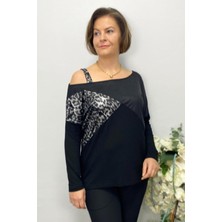 Mia Butik Büyük Beden Siyah Tek Omuz Leopar Detaylı Bluz