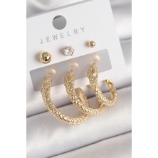 Ezo Concept Pirinç Gold Renk Zirkon Taşlı Topçuk Detay Yılan Halka Model Kadın Küpe Seti