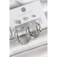 Ezo Concept Pirinç Gümüş Renk 3'lü Halka Model Zirkon Taş Topçuk Detay Kadın Küpe Seti