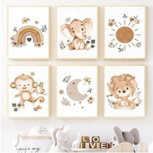 Gökkuşağı Bohem Renk Hayvanlar Temalı Çocuk Odası 6'lı Tablo Set