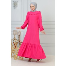 Kolu Lastikli Fırfır Detay Tesettür ELBISE-3161 Fuşya