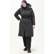 Sefa Merve Büyük Beden Kürklü Kapitone Kaban 6047-02 Lacivert