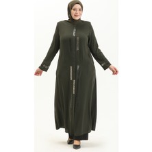 Sefa Merve Büyük Beden Taşlı Ferace 5044-06 Haki Yeşil
