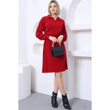Kadın Kırmızı Polo V Yaka Pileli Etekli Triko Elbise