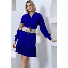 Saks Polo Yaka Fırfırlı Triko Elbise