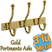 Badem10 Metal Gold 3'lü Birleşik Portmanto Vestiyer Duvar Monteli Dolap Askılığı Vidalı Elbise Asma 1 Adet