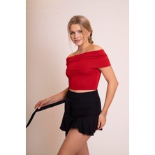 Afrodit Kadın Kırmızı Omzu Açık Büzgülü Crop Body - Şık ve Rahat Fit Bluz