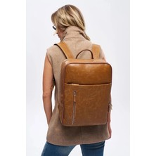 Deridense Organizer Laptop Premium Vegan Deri Sırt Laptop Çantası Unisex Açık Kahverengi