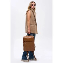 Deridense Organizer Laptop Premium Vegan Deri Sırt Laptop Çantası Unisex Açık Kahverengi
