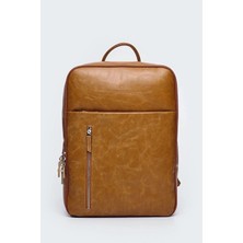 Deridense Organizer Laptop Premium Vegan Deri Sırt Laptop Çantası Unisex Açık Kahverengi