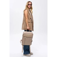 Deridense Organizer Laptop Premium Vegan Deri Sırt Laptop Çantası Unisex Bej