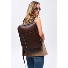 Deridense Organizer Laptop Premium Vegan Deri Sırt Laptop Çantası Unisex Kahverengi