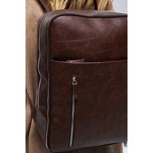Deridense Organizer Laptop Premium Vegan Deri Sırt Laptop Çantası Unisex Kahverengi