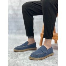 BOA BA0359 Doğal Deri Tozu Bağcıksız Kauçuk El Yapımı Espadril Taban Mavi Renk Erkek Ayakkabı