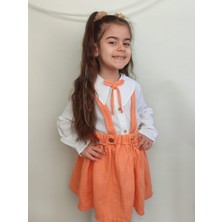 Merra Kids Muslin Pamuklu Gold Dugmeli Askili Etekli Takim Turuncu