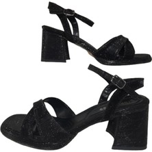 Erbay Shoes Kadın Kare Burun Platform Sandalet Siyah Simli Çapraz Bantlı Ayakkabı ERBAYYY210