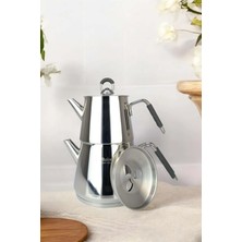 Piramit Orta Silikon Kulplu Çelik Çaydanlık Takımı