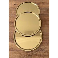 Maglor 3 Adet Gold Paslanmaz Çelik 21 cm Yuvarlak Çay Kahve Pasta Servis Tepsisi Dekoratif Sunum Tepsisi