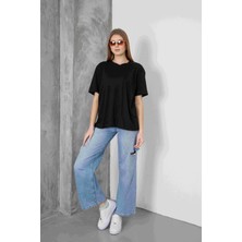 Kadın Violet Penye V Yaka T-Shirt, Geniş Kalıp Tişört