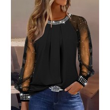 Uzun Kollu Bisiklet Yaka Taşlı Kol Tül Detaylı Sandy Bluz JB31756852