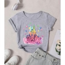 Kıds Face Özel Tasarım Prensesin Şatosu Baskılı Pamuk Ultra Rahat Kız Çocuk T-Shırt