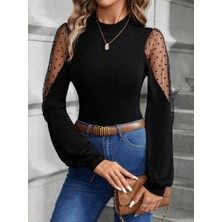 Uzun Kollu Yarı Balıkçı Yaka Kolları Tül Detaylı Ithal Krep Bluz JB223587964