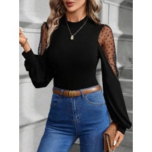 Uzun Kollu Yarı Balıkçı Yaka Kolları Tül Detaylı Ithal Krep Bluz JB223587964