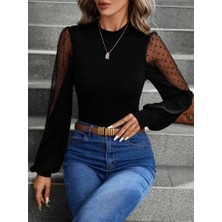 Uzun Kollu Yarı Balıkçı Yaka Kolları Tül Detaylı Ithal Krep Bluz JB223587964