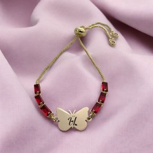 Archin Kelebek Figürlü 14  Ayar Altın Plakalı  Harf Desenli Özel Kırmızı Taşlı Bileklik