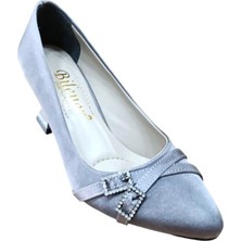 Bilener 830 Kadın Taşlı Tokalı Kadeh Ökçe Stiletto Ayakkabı Platin Saten