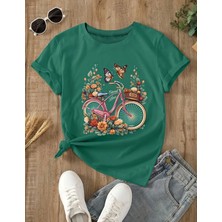 Amor Face Büyük Beden Özel Tasarım Kır Çiçekleri Bisiklet Baskılı Modern Battal Kadın Şık T-Shırt