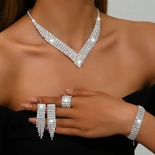 Mumicemum Luxury Kristal Taş Püskül Kolye + Küpe + Bileklik Takı Seti Gümüş Kaplama