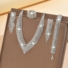 Mumicemum Luxury Kristal Taş Püskül Kolye + Küpe + Bileklik Takı Seti Gümüş Kaplama