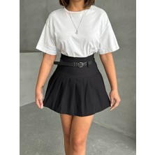Arzu Has Butik Yeni Sezon Pileli Kemerli Astar Şortlu Kadın Mini Etek
