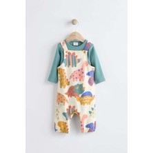 Next Baby Pamuklu Dinazor Desenli Bebek Body  Zıbın Salopet Takımı