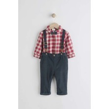 Next Baby Pamuklu Kırmızı Ekose Gömlek Lacivert Pantolon Papyon Askı 4'lü Set