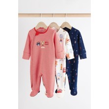 Next Baby  Pamuklu Kırmızı Mavi Londra Desenli 3'lü Tulum Set