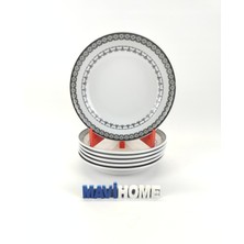 Kenarları Siyah Işleme Desenli 20 cm Çukur Yemek Tabağı 6 Lı