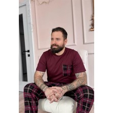 Bordo Ekose Desen Cep Detaylı Kısa Kol Erkek Pijama Takımı