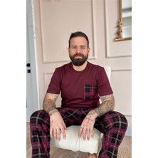 Bordo Ekose Desen Cep Detaylı Kısa Kol Erkek Pijama Takımı