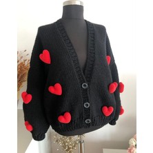 El Örgüsü ThreadArtByNur El Örgüsü Siyah Kalp Desenli Kadin Hırka, Kalp Motifli Crop Kadın Hırka