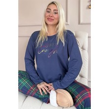 Lacivert Enough Desenli Bambu Uzun Kol Kadın Pijama Takımı