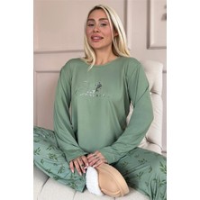 Yeşil Breathe Desenli Bambu Uzun Kol Kadın Pijama Takımı