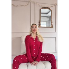 Pijama Evi Bordo Heart Desenli Bambu Önden Düğmeli Uzun Kol Kadın Pijama Takımı