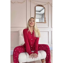 Pijama Evi Bordo Heart Desenli Bambu Önden Düğmeli Uzun Kol Kadın Pijama Takımı