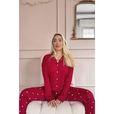 Pijama Evi Bordo Heart Desenli Bambu Önden Düğmeli Uzun Kol Kadın Pijama Takımı