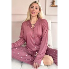 Pijama Evi Pudra Heart Desenli Bambu Önden Düğmeli Uzun Kol Kadın Pijama Takımı